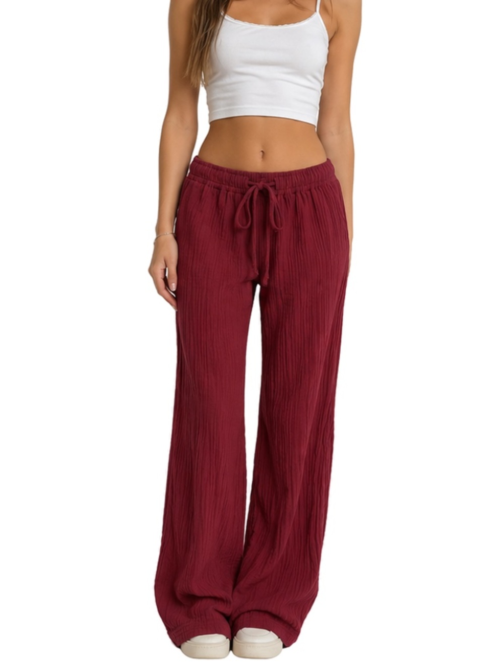Burgundy Crinkle Wide Leg Drawstring Pants